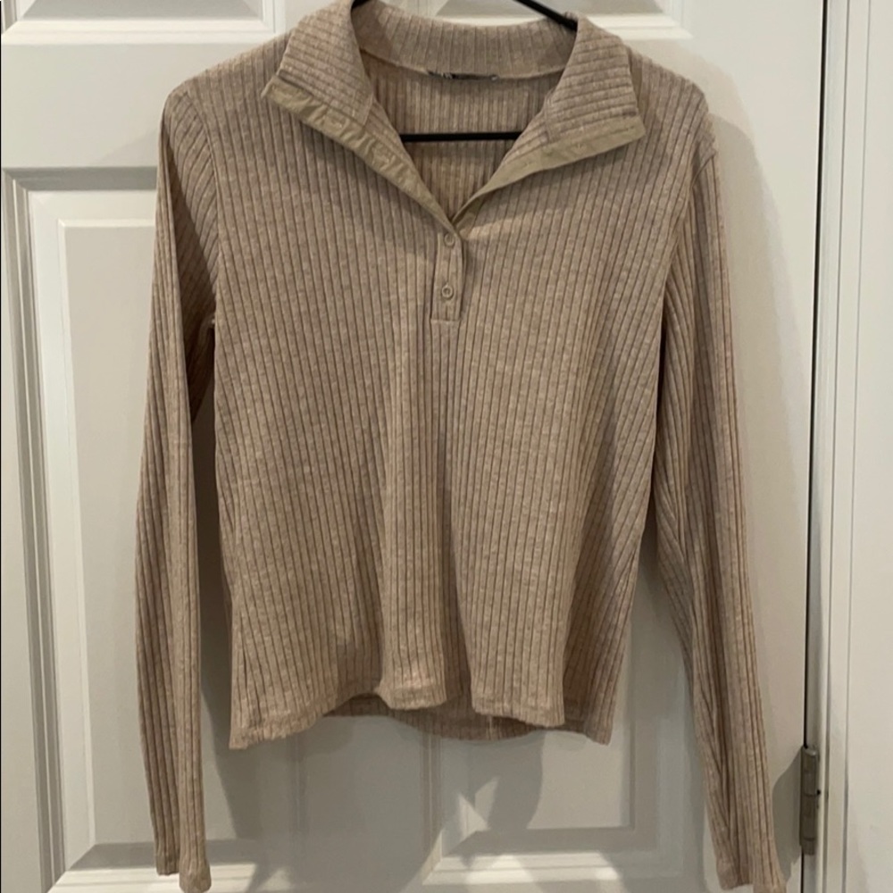 Zara Tan Ribbed Mock Neck Top Sz L